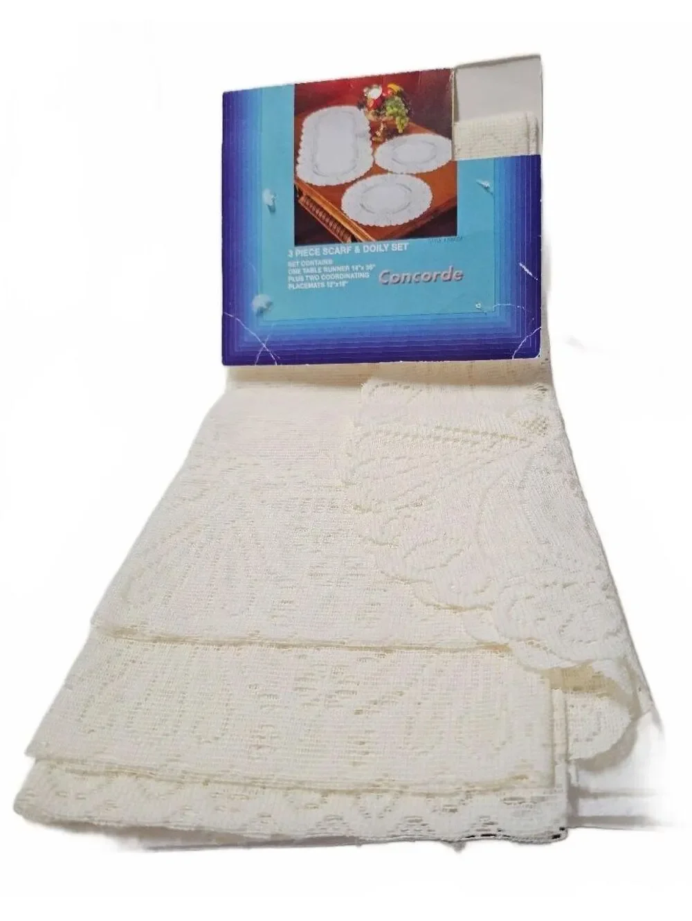 Concorde 3 Piece Scarf & Doily Set - 100% Polyester, Cream Color - NOS - Poland